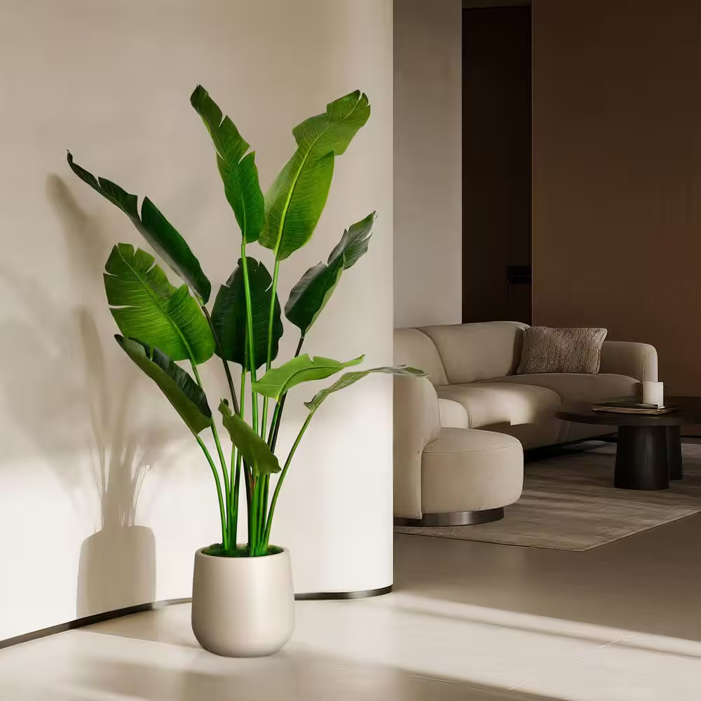 5 Ft. Artificial Banana Leaf Tree Bird of Paradise in White Decor Pot, Faux Gree