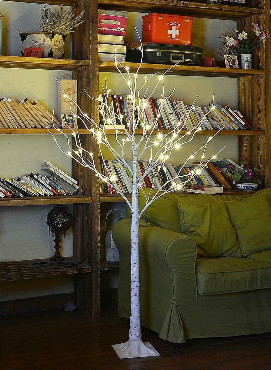 4 Feet Birch Tree, 48 LED Lights, Warm White, for Home, Festival, Party, and Chr