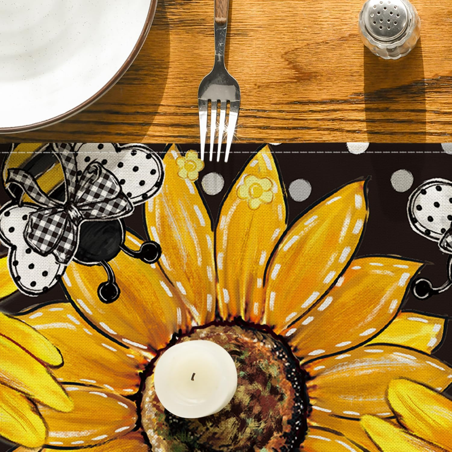 Black Sunflower Bee Flower Polka Dot Summer Table Runner, Seasonal Kitchen Dinin