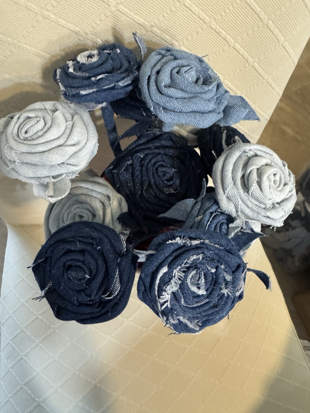 12 (a Dozen) Handmade Denim Roses, Upcycled Vase, Birthday, Mother’s Day, Easter