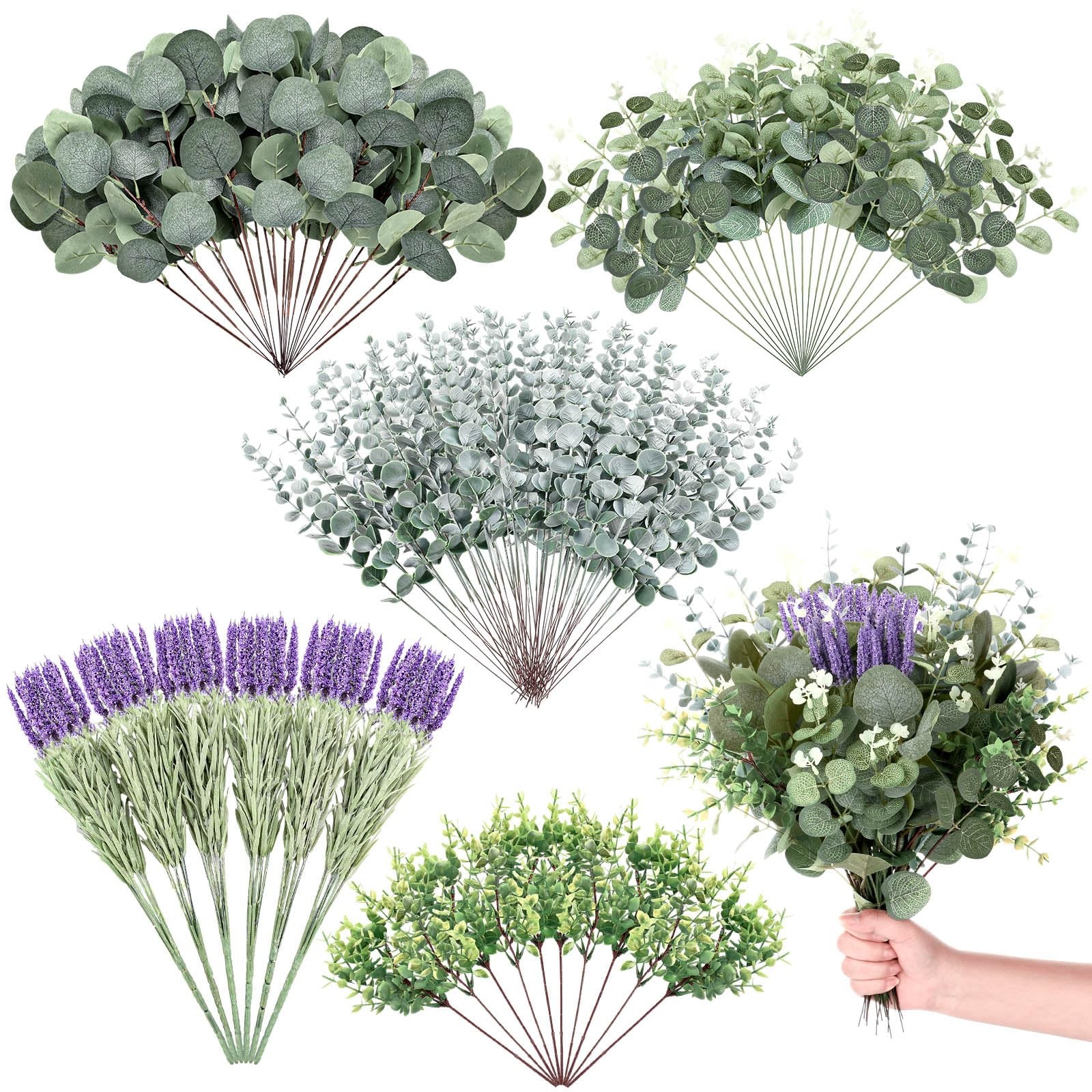 ALDMIO 84 Pcs Artificial Eucalyptus Stems and Lavender, Bulk Fake Silver Doll…