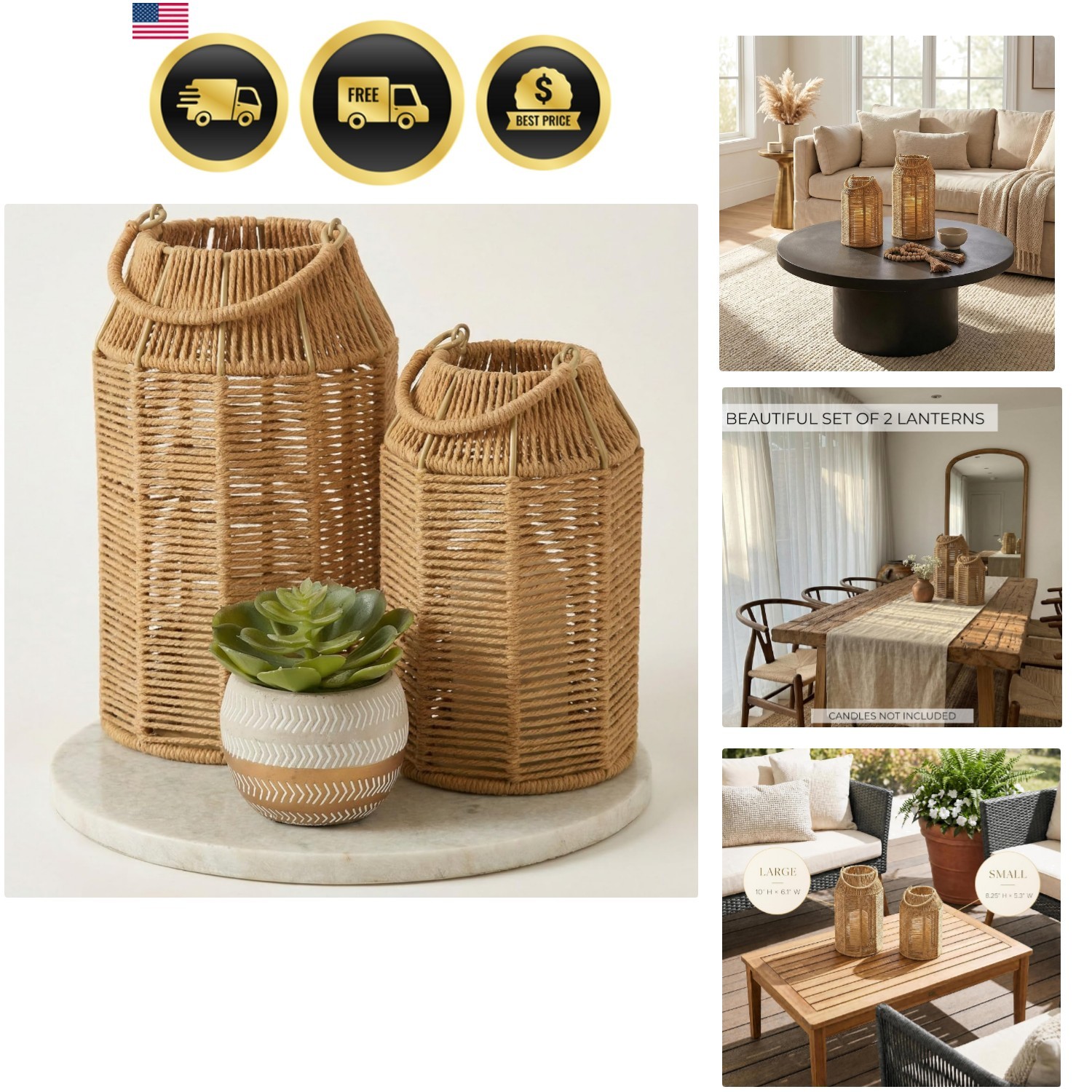 Jute Lanterns Set of 2 Boho Decor Indoor Outdoor Coffee Table Porch Lighting