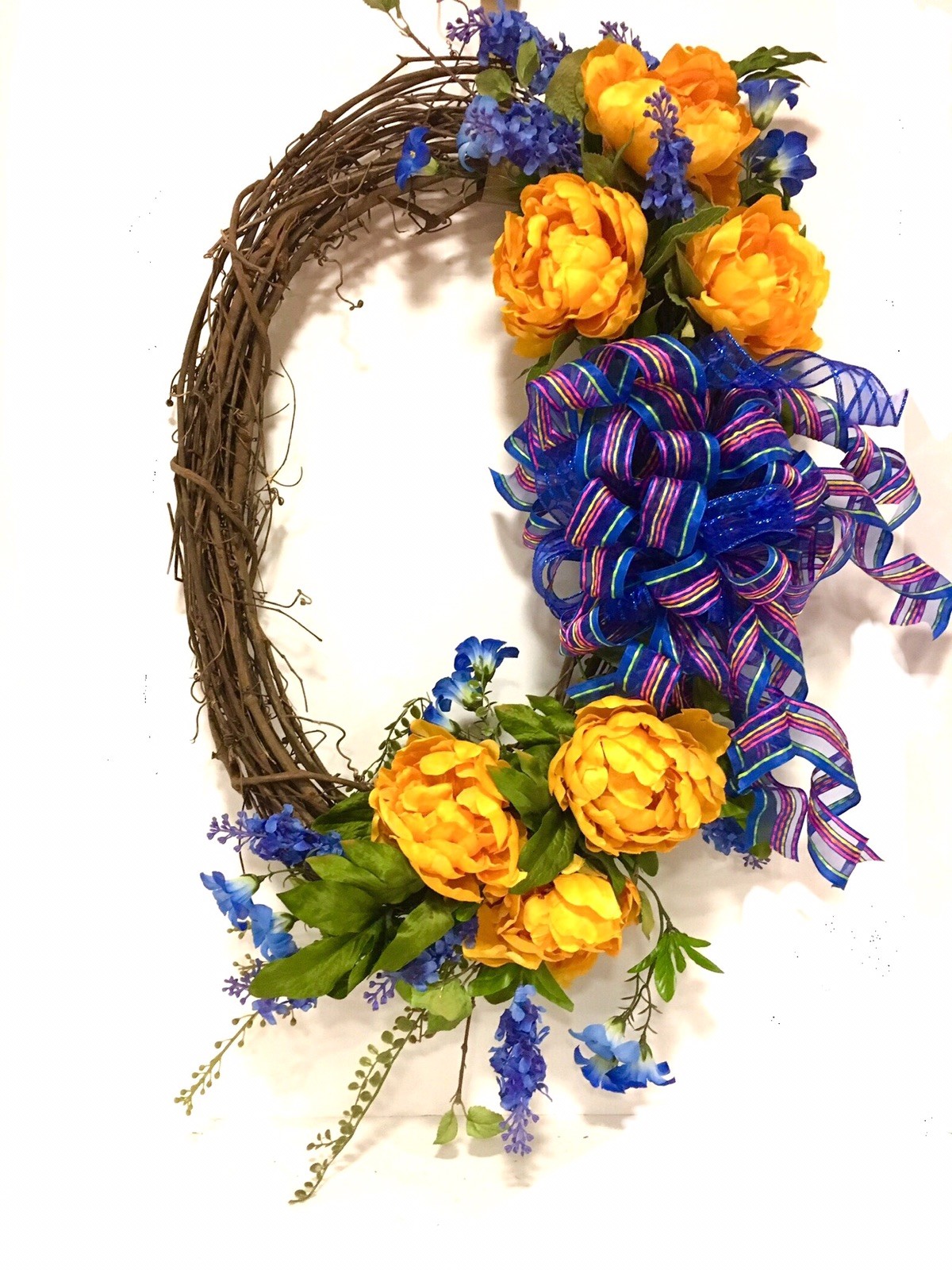 Spring Summer All Season OVAL Floral Wreath Blue Gold Yellow Indoor Outdoor 24”