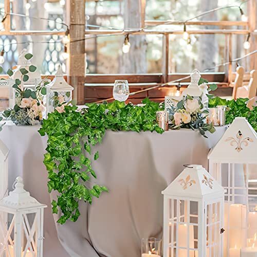 CQURE 12 Pack 84Ft Artificial Ivy Garland, Fake Vines UV Resistant Light Green