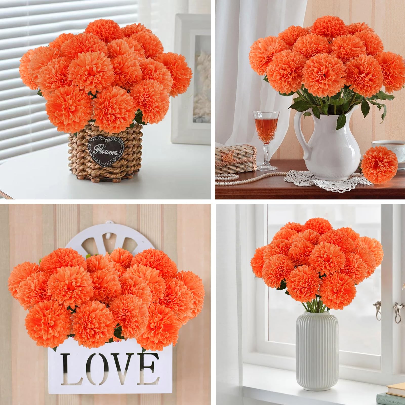 12 PCS Orange Artificial Chrysanthemums Marigolds Ball Silk Fall Fake Flowers