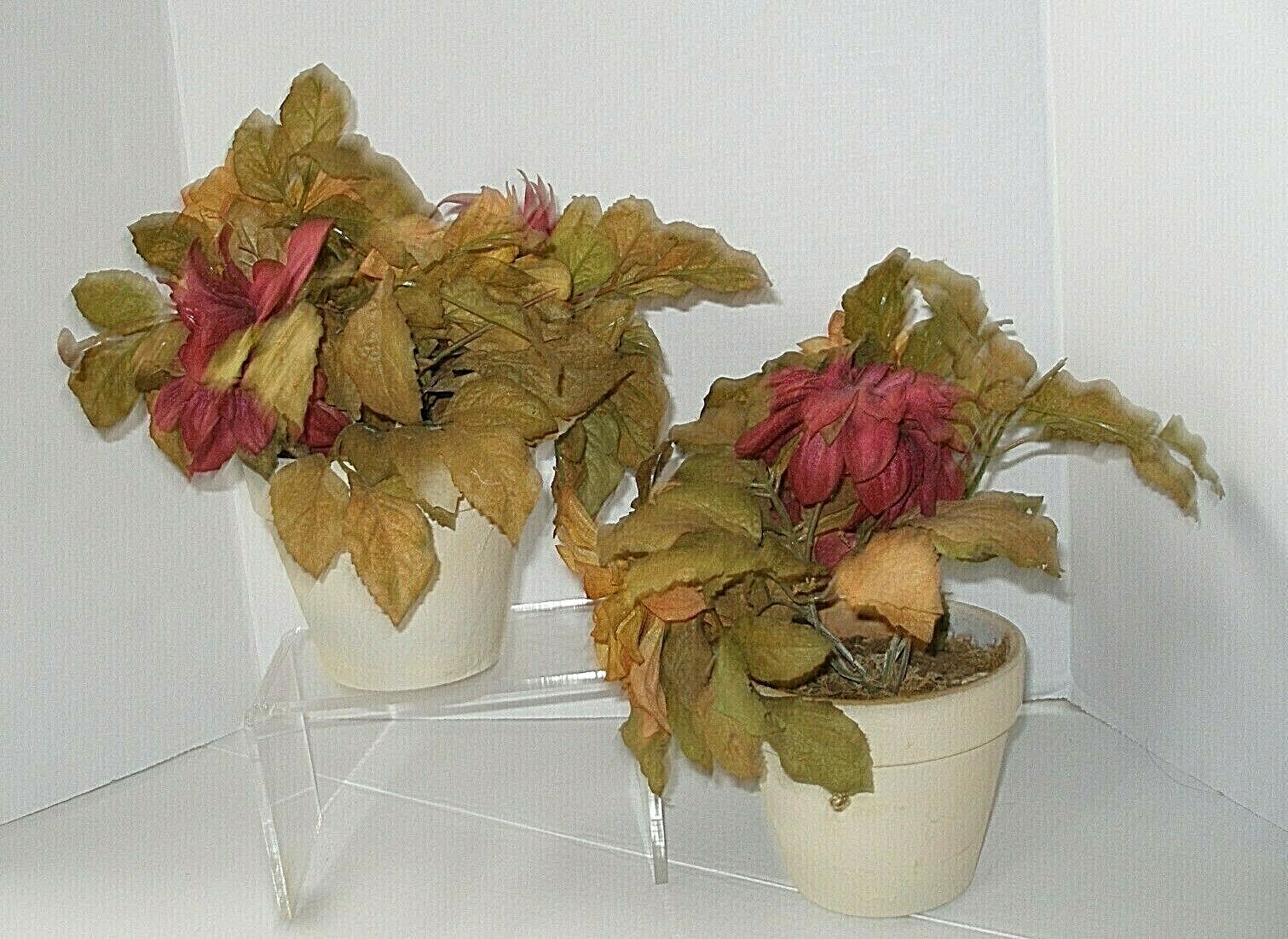Pailr of Planters with Silk Flower Arrangements Fall Colors Burgundy Mustard New