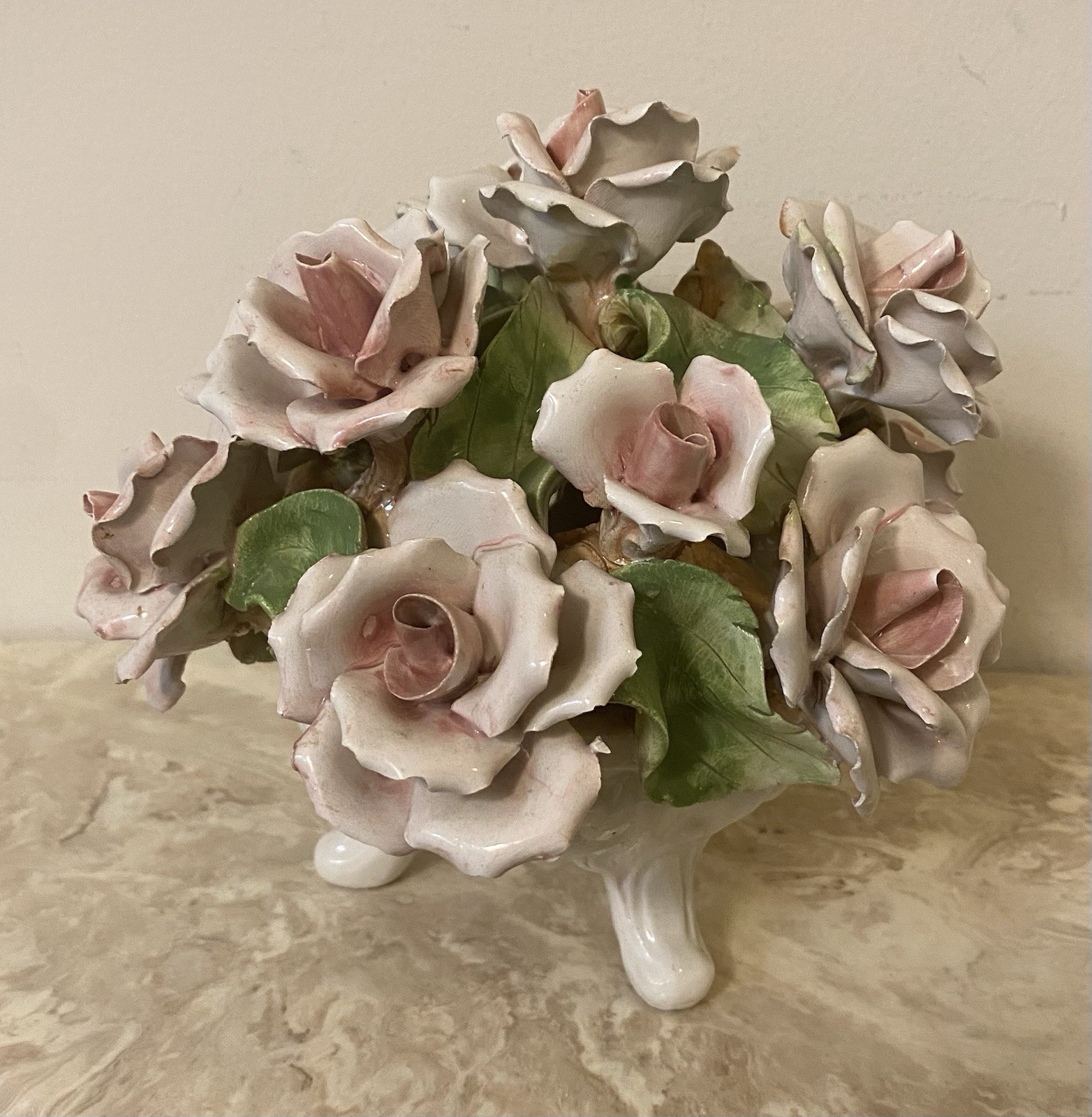 Porcelain Flower Centerpiece Capodimonte Style Italy Pink Roses 6” Tall