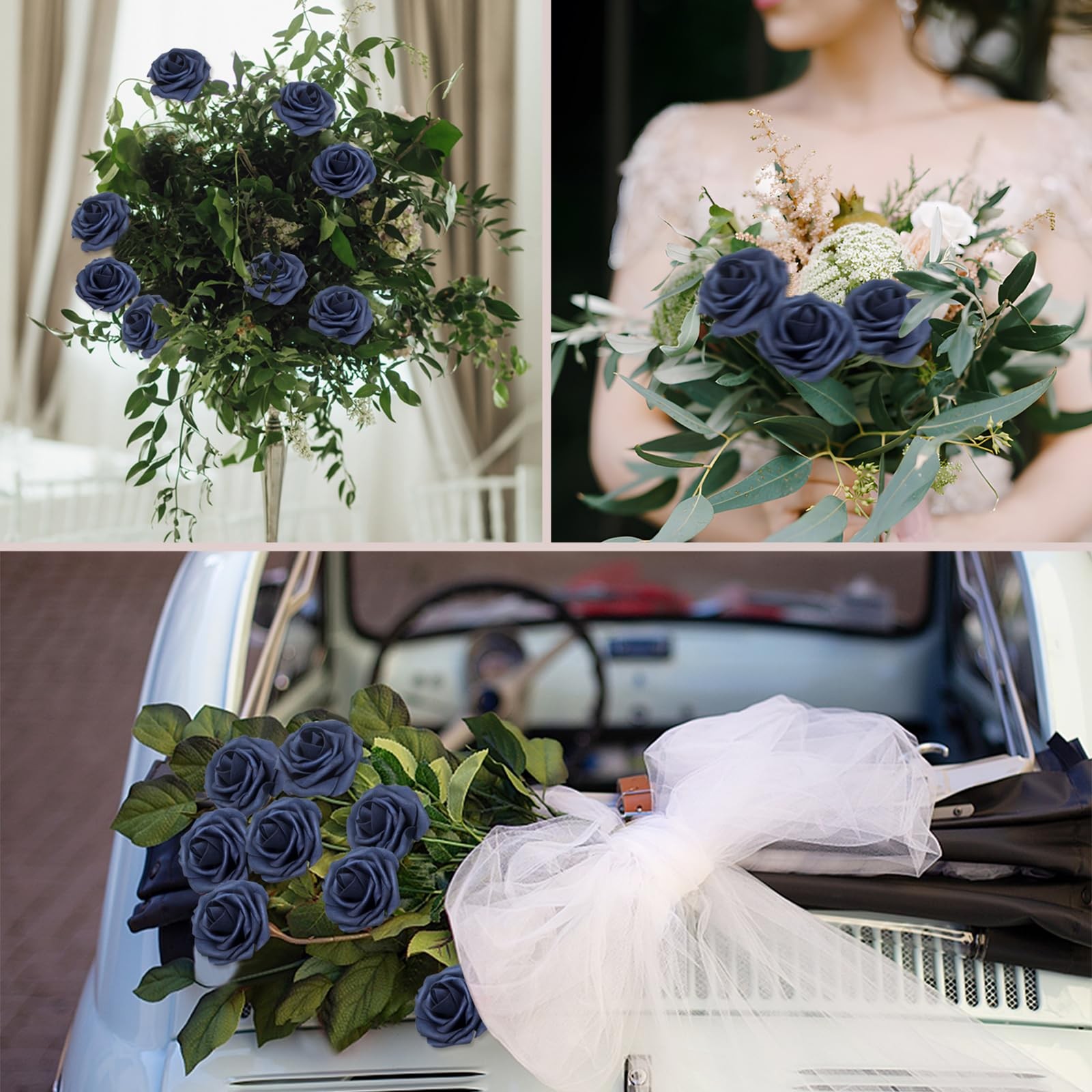100 PCS Navy Blue Artificial Foam Roses Real Looking Fake Flower DIY Wedding