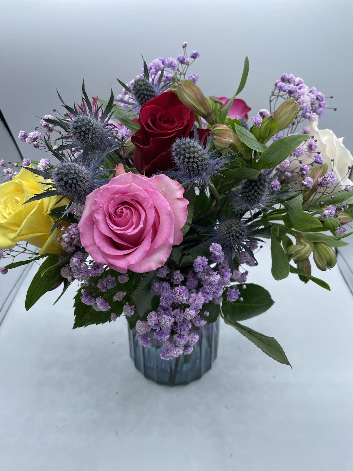 fresh flowers Arrangement With Rainbow Color Vase , With Color Roses,Astromarrie