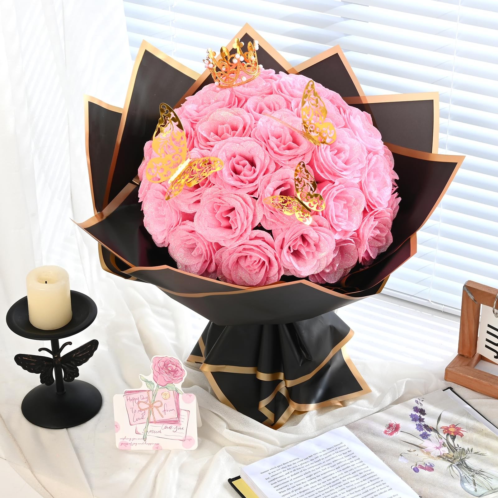 Glitter Roses Bouquet, DIY Fake Flowers Bouquet, Gifts for Mom, 24 Pcs Pink R…