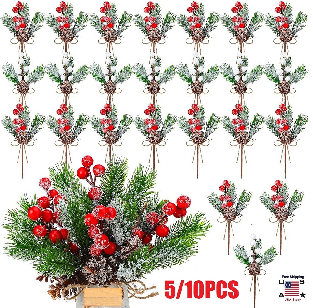 10×Pieces Artificial Pine Picks Christmas Tree Picks with White Berries Pinecone