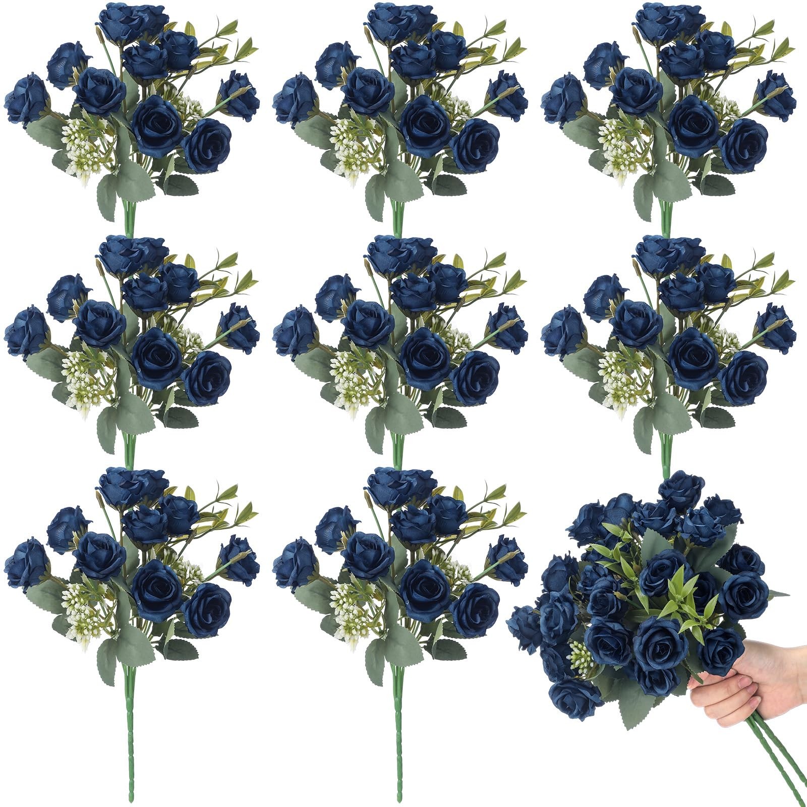 8 Pack Artificial Mini Dark Blue Roses, 12 Inch Fake Flowers with Stems, 80 S…
