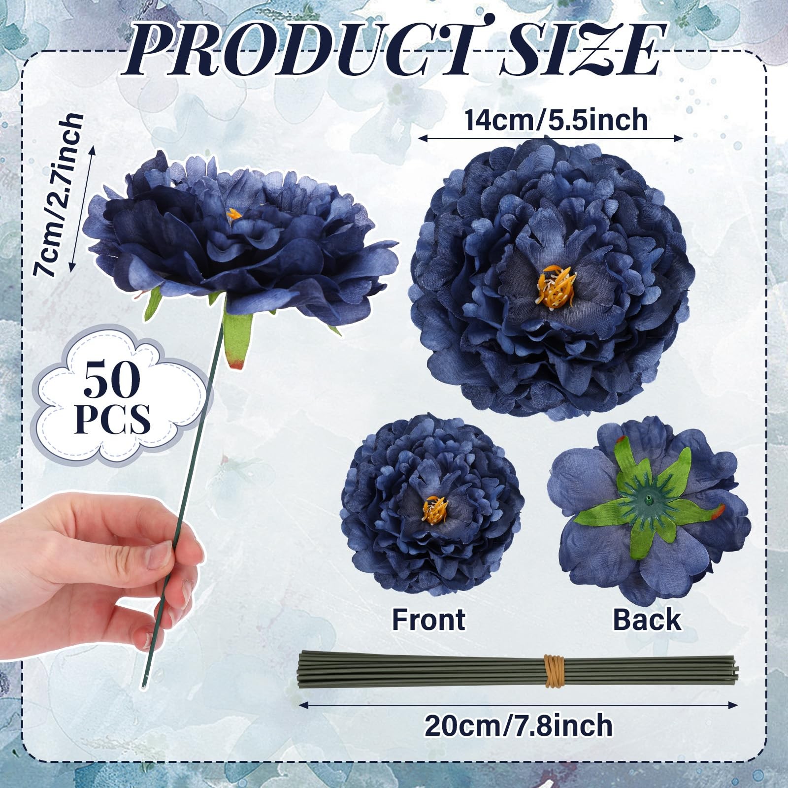 Artificial Peonies Flowers 5.5 Inch 50 PCS Ink Blue Silk Wire Branch Bouquets
