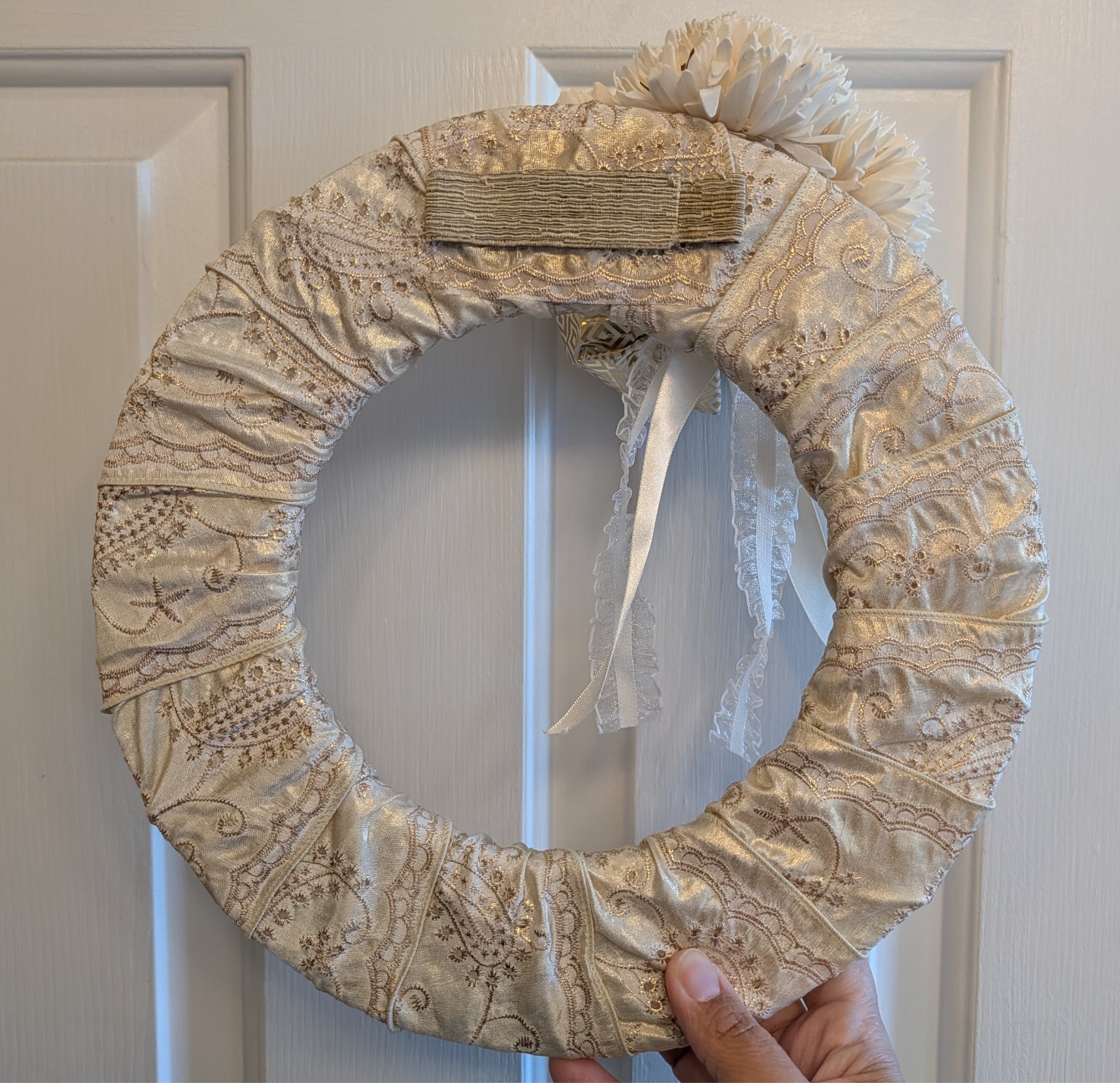 11″ handmade wreath gold, cream & white colored ribbon flowers wall decor
