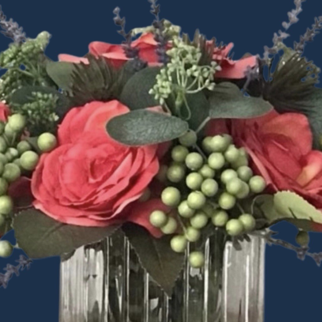 Custom Designed Faux Floral Arrangement Glass Vase With Faux Water