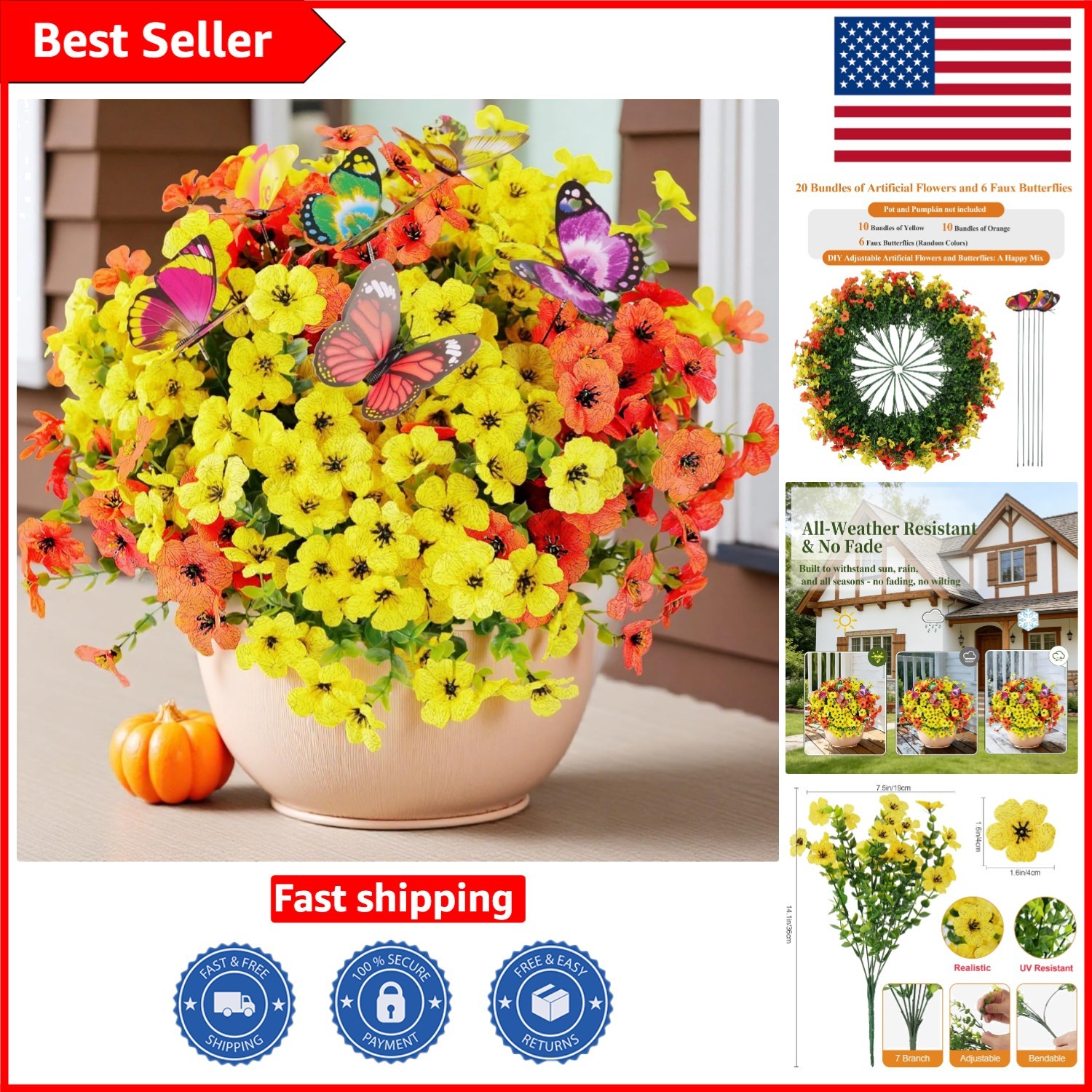 20 Bundled Artificial Flowers for Outdoors‌ and 6 Faux Butterflies | UV Resis…