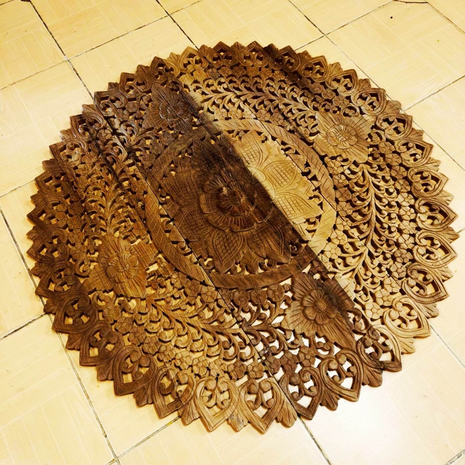 36″ Natural Brown Wood Mandala Wall Art Hand Carved Rain Tree Tropical Decor #F