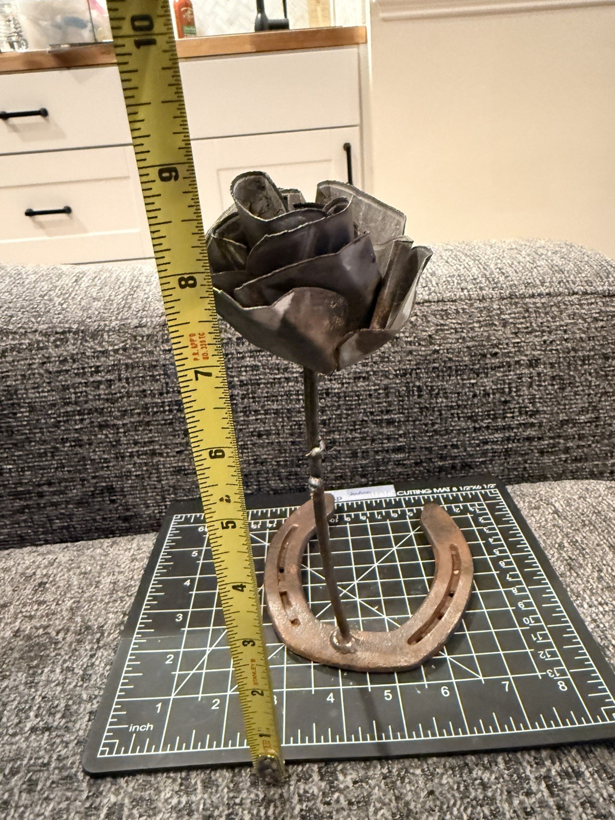Handcrafted Custom Welded Metal Single Rose on Horseshoe