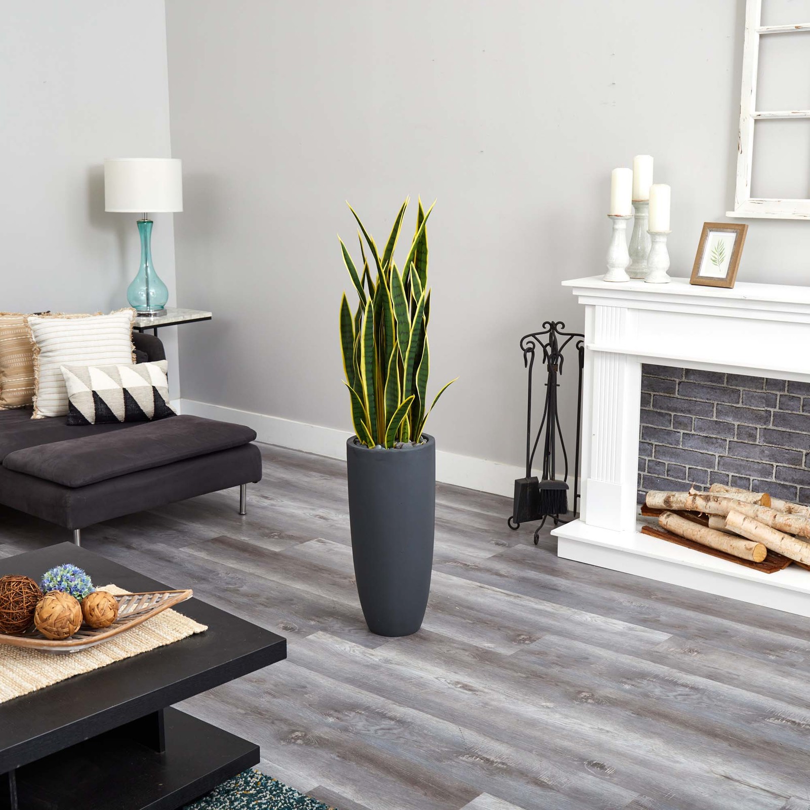 Nearly Natural 4.5ft Sansevieria Artificial Plant in Gray Planter in Green