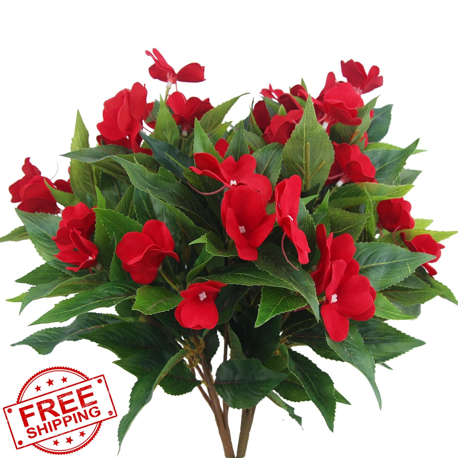 FAICOIA 2pc Red Artificial Impatiens Flowers Faux Silk Greenery