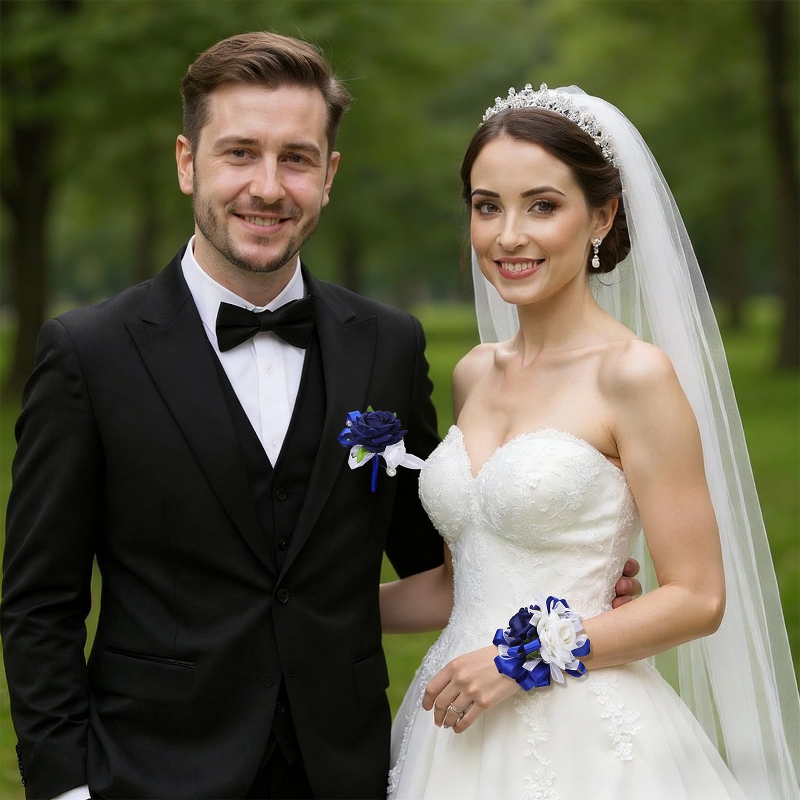 2 PCS Blue White Corsage Boutonniere Set Roses Wrist Crystal Prom Wedding