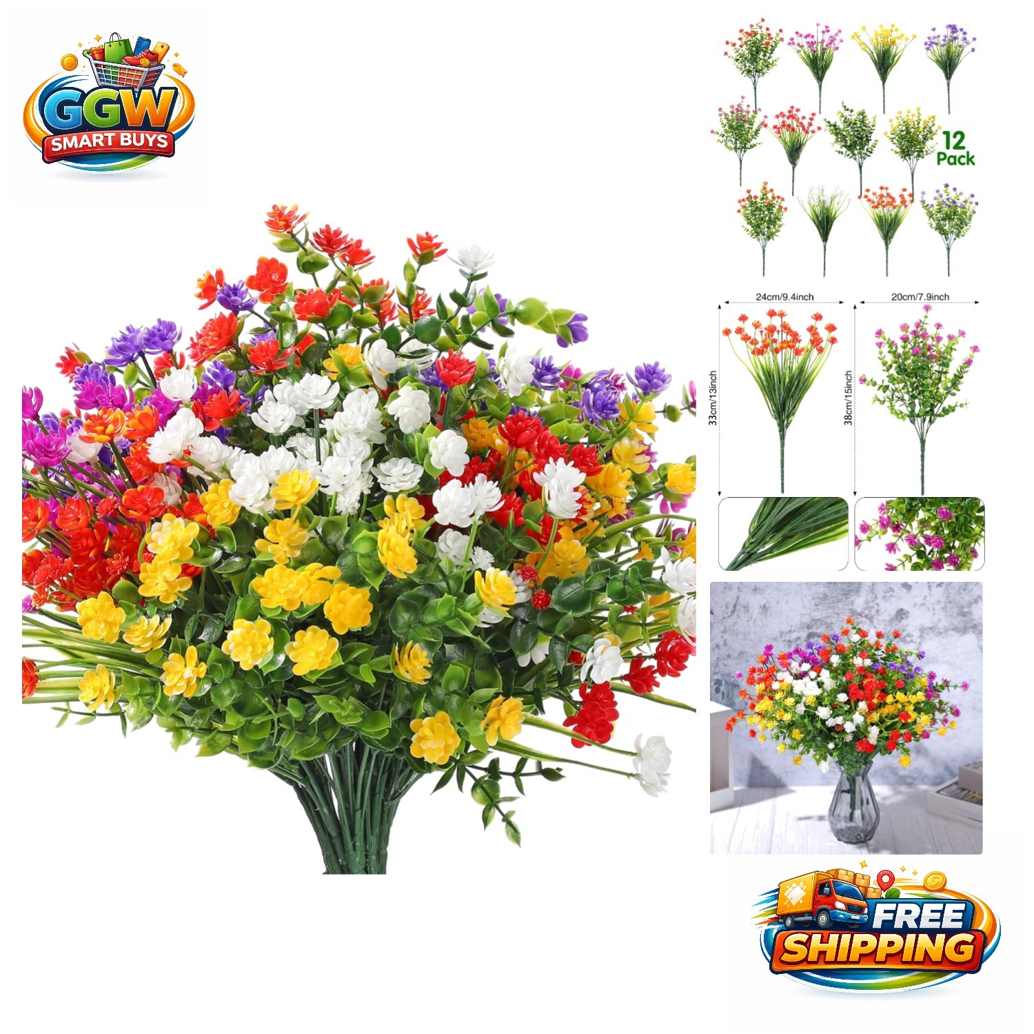 Vibrant 12 Bundles Faux Plants – Lifelike UV Resistant Floral Decor for Indoors
