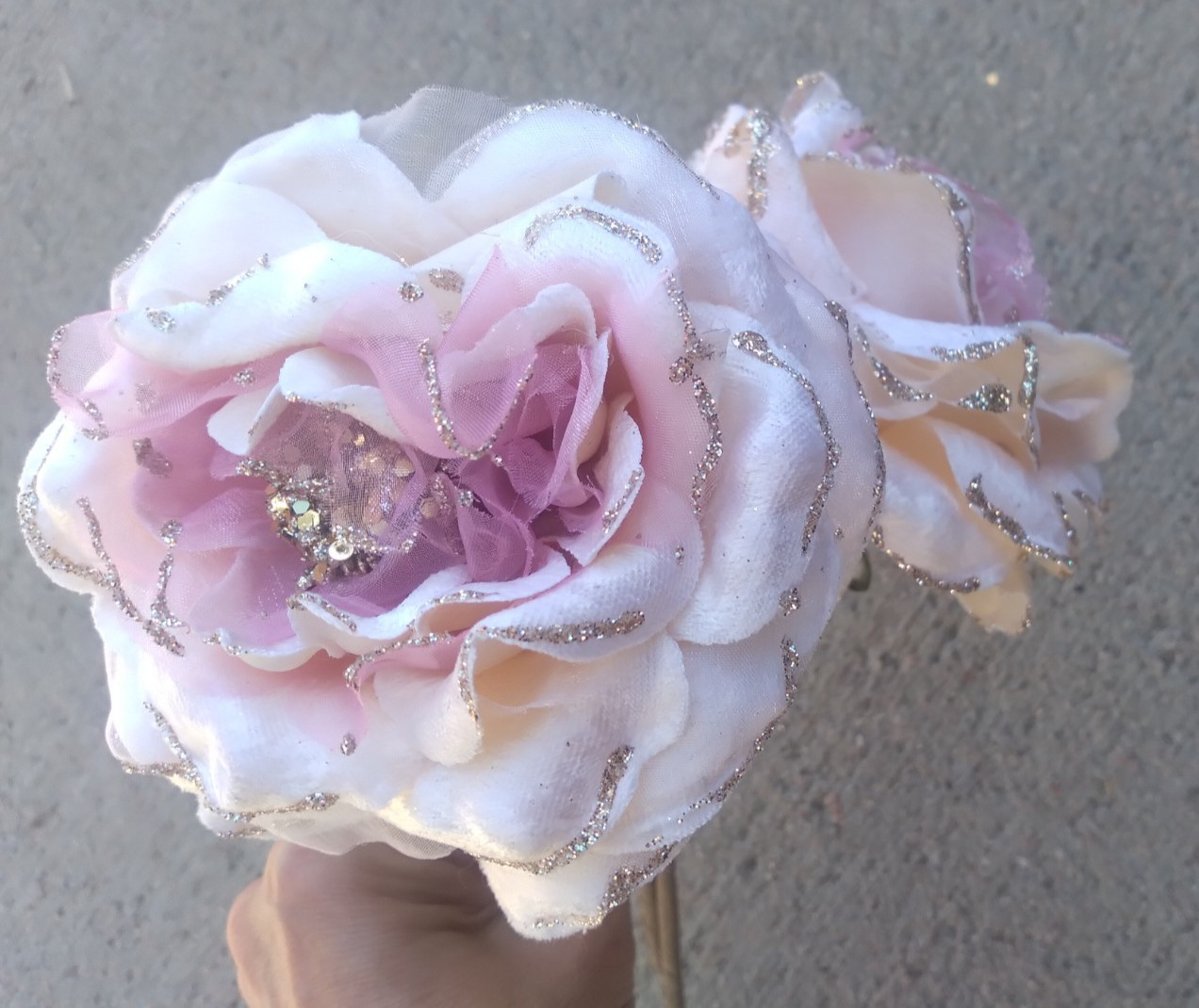 Kurt S Adler Decorative Artificial Flowers Pink Rose x 2 Glitter Rim