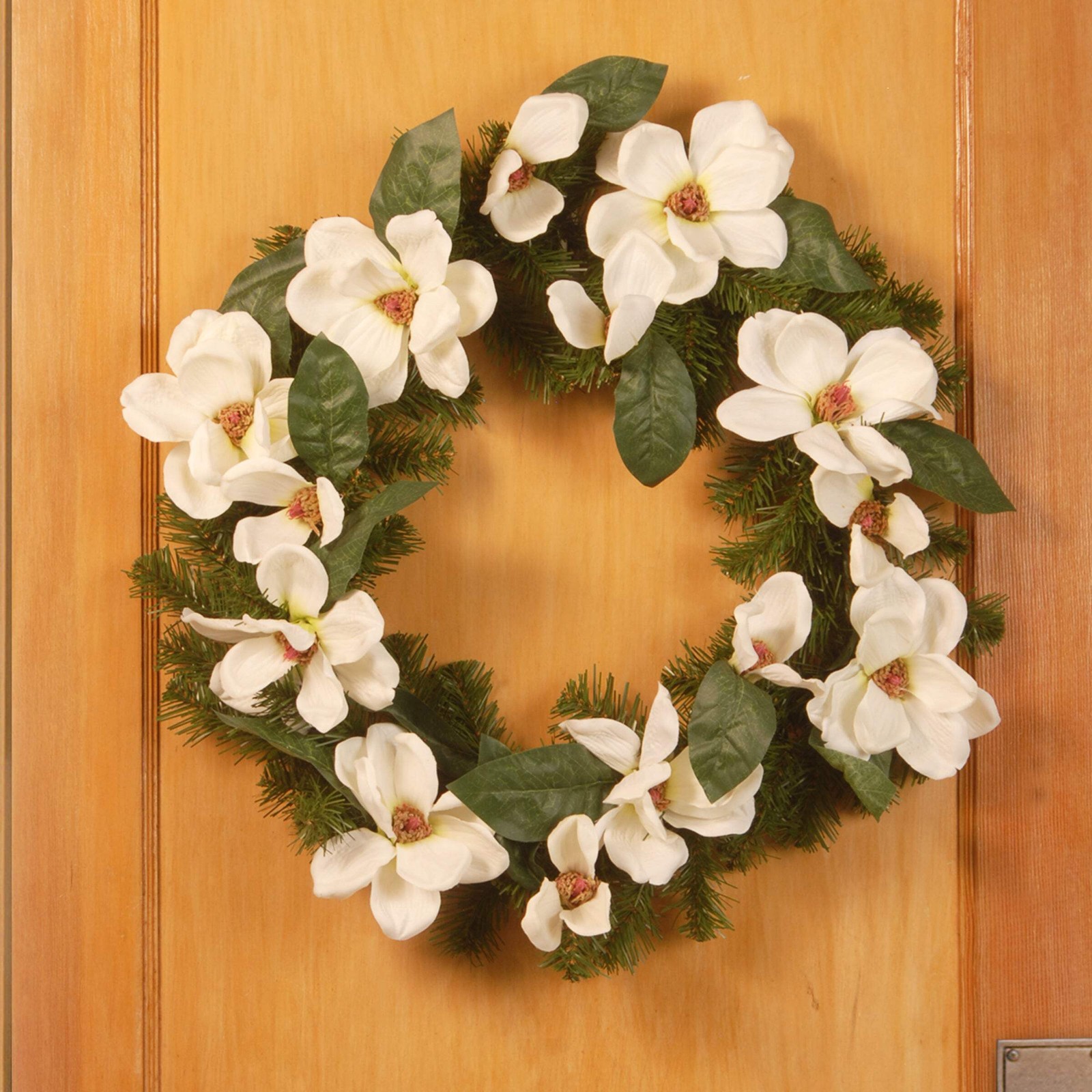 24 in. Spring Wreath with North Valley Spruce, Magnolia Flower Blooms, and Everg