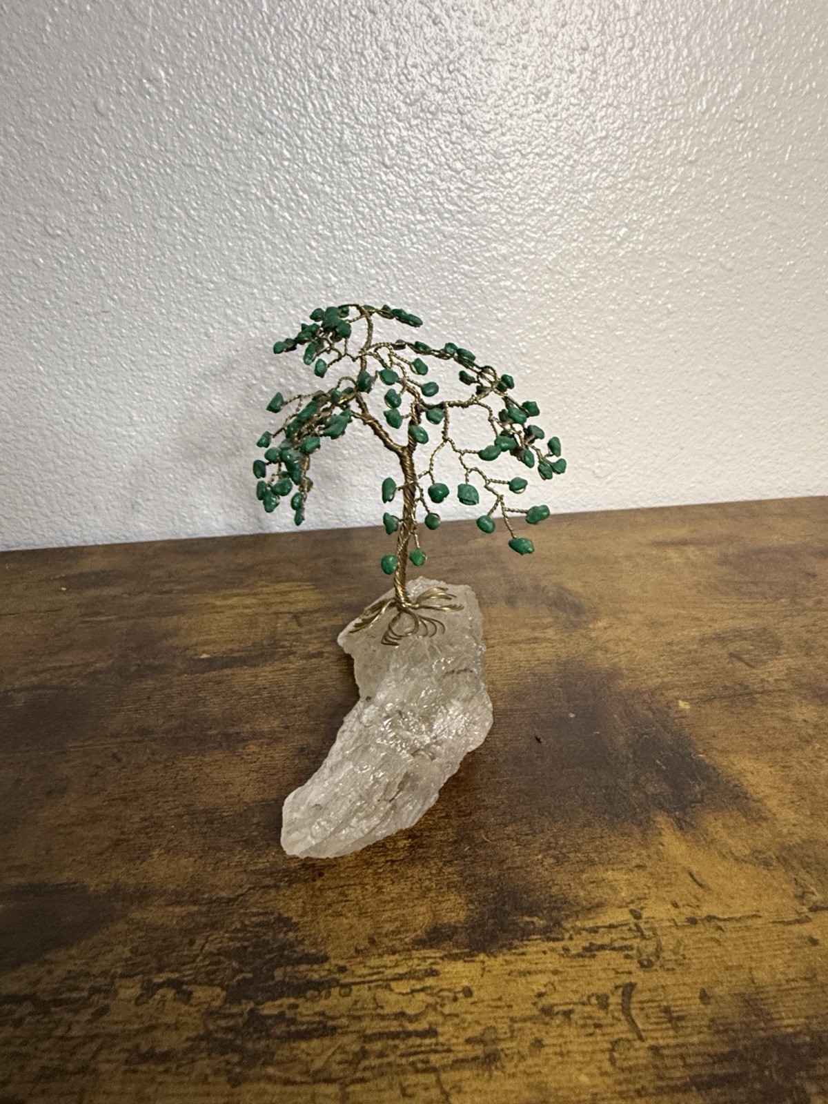 Small Vintage Bonsai Tree Cooper Stone Green Beads Flowers Leaves