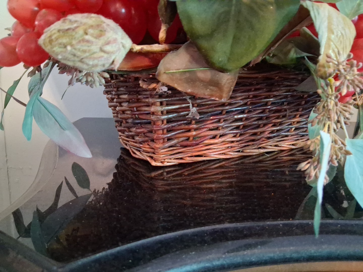 Large Vintage Faux Fruits and Flowers Centerpiece In Basket, Victorian Style