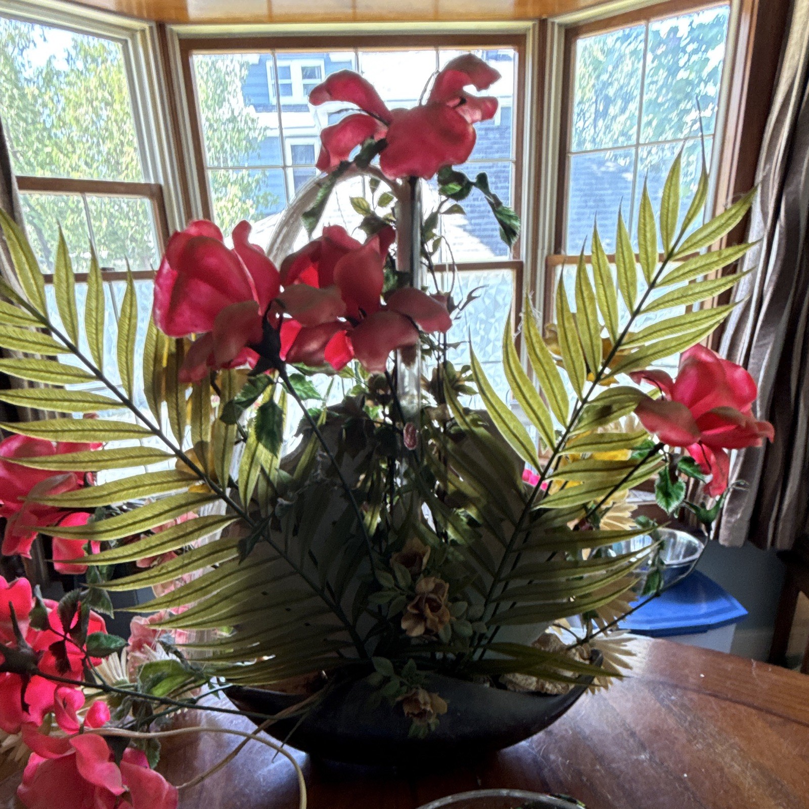Beauce 543 Artificial Orchid Floral Centerpiece Red/Green in Ceramic Bowl