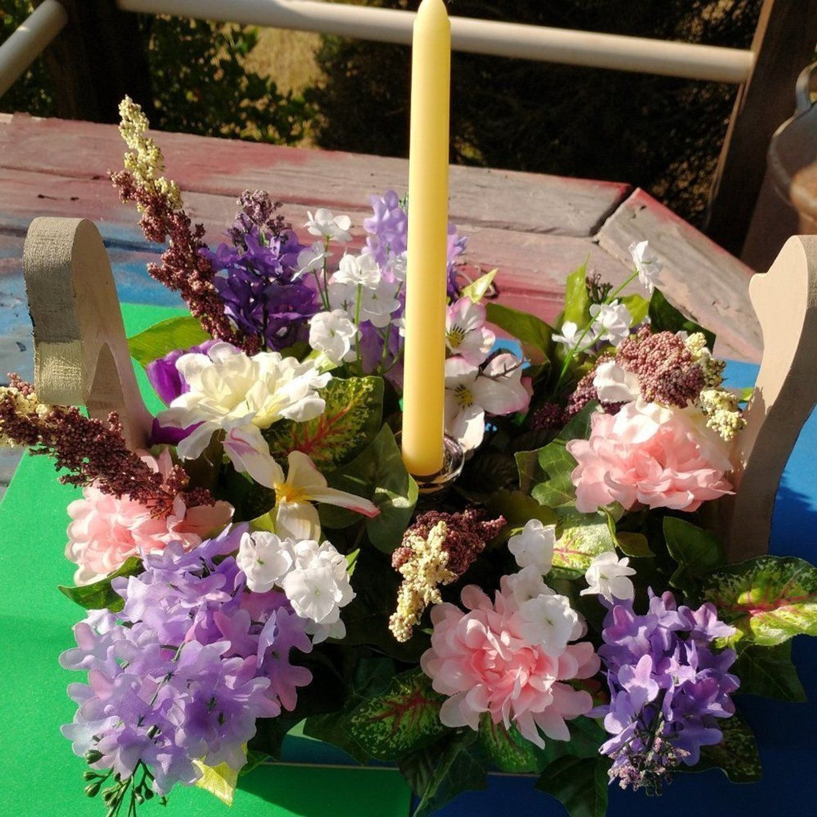 Hand Crafted Floral Table Centerpiece Artificial Lilac Carnation Spring