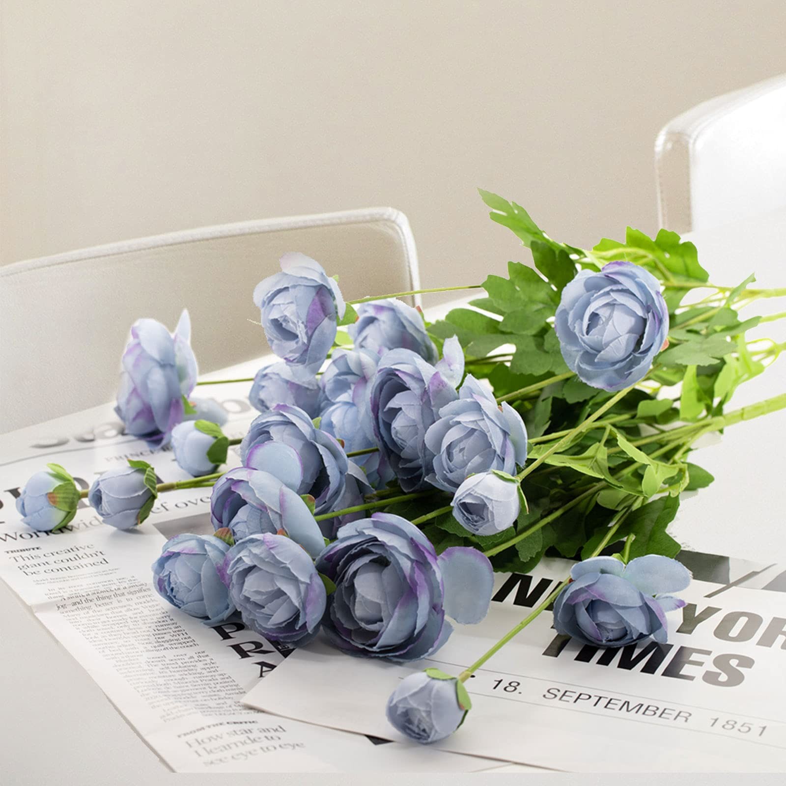 5 PCS Artificial Silk Flowers Ranunculus Fake Floral Blue Wedding Arrangement