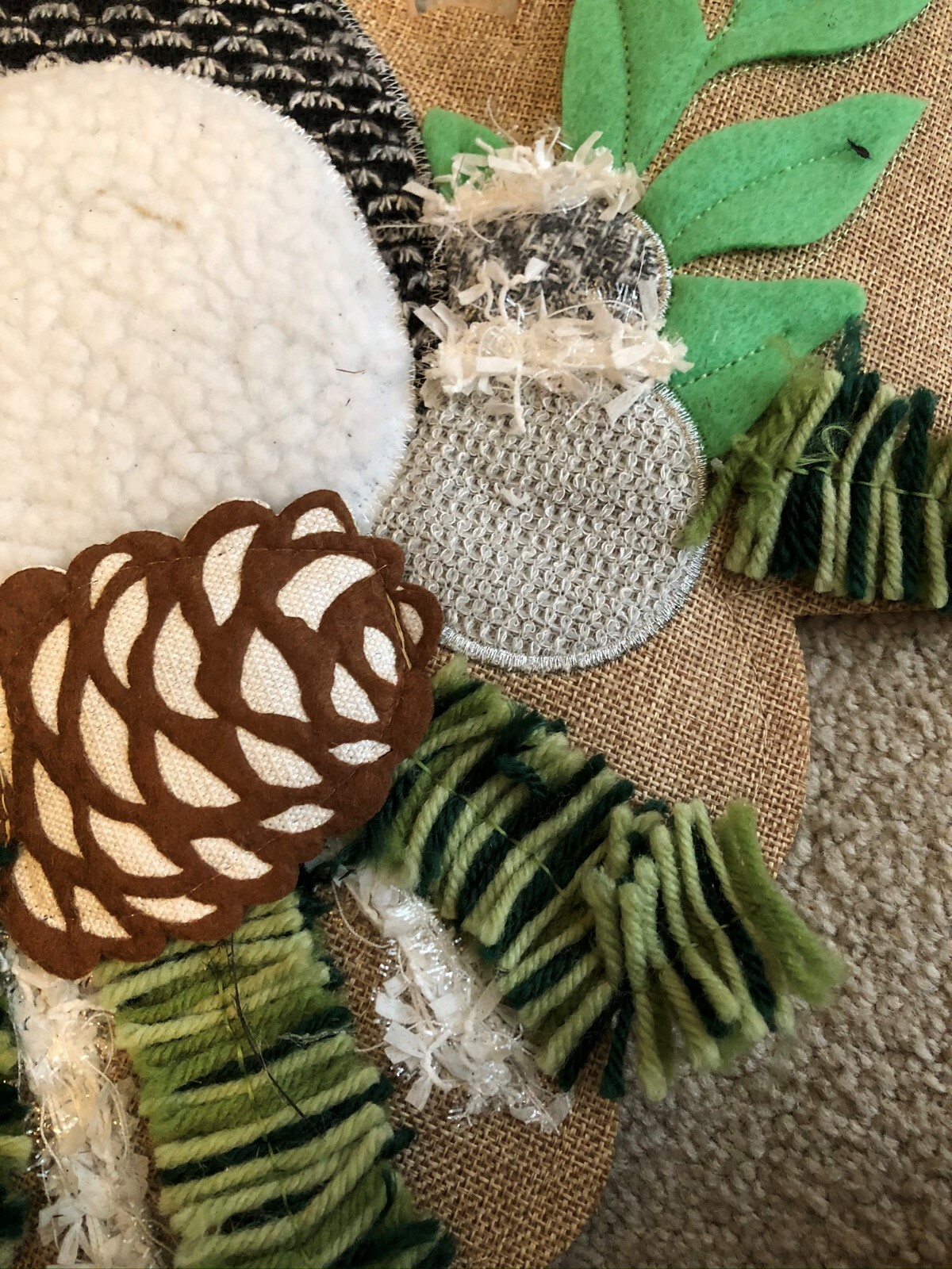 Burlap Owl Wreath/Wall hanging with Pinecones Fabric and Yarn It’s a HOOT!