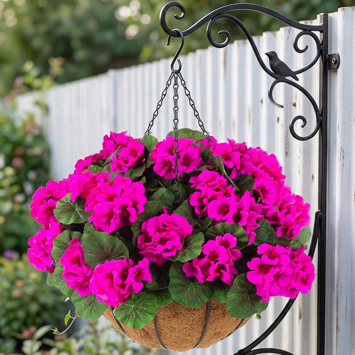 2 Set Artificial Outdoor Geraniums Flowers with Hanging Basket, 2 Hanging Plante