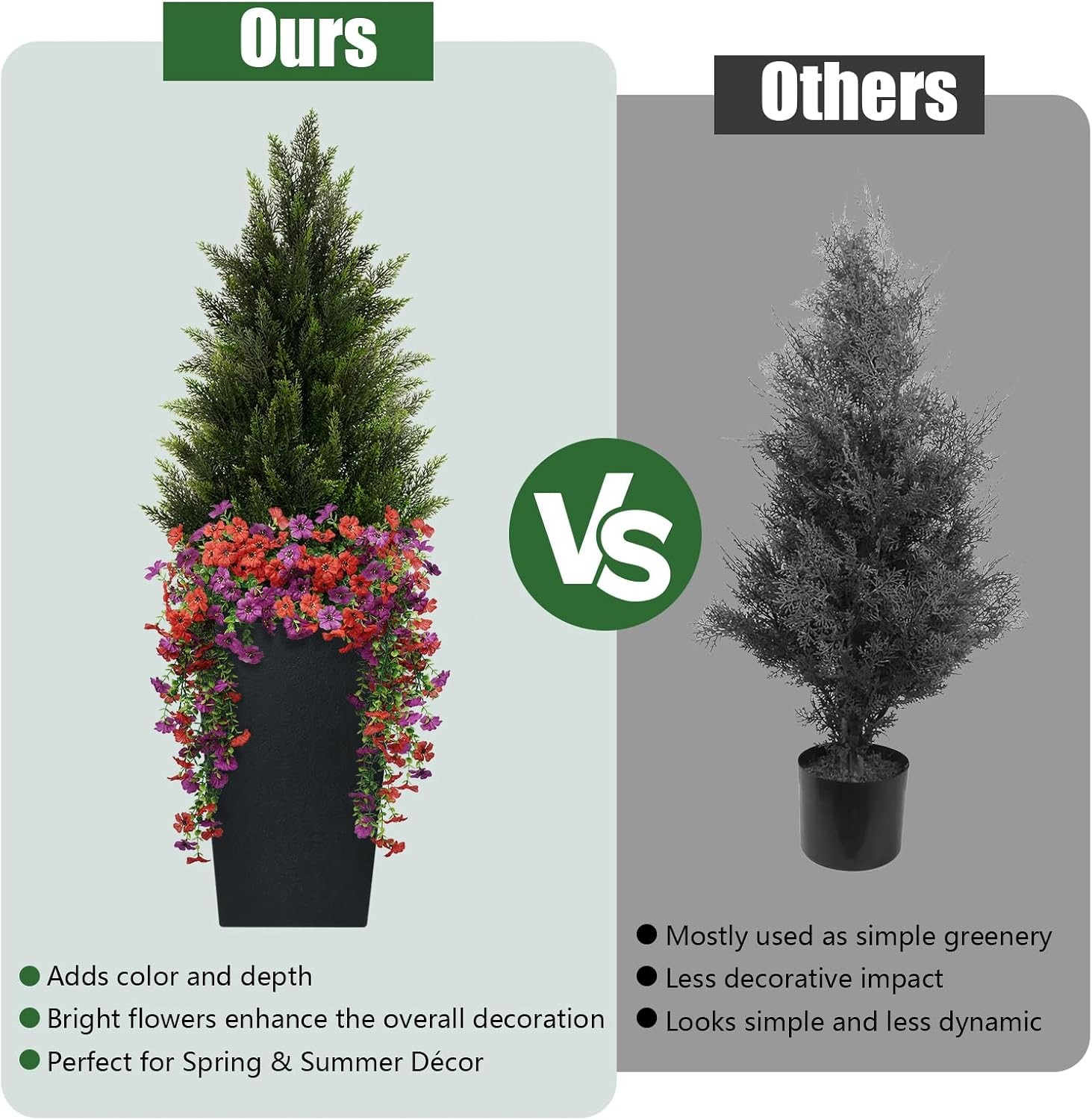 Artificial Topiary Cedar Trees 3FT Tall 2 Set with 12 Bundles Faux Silk Flowers