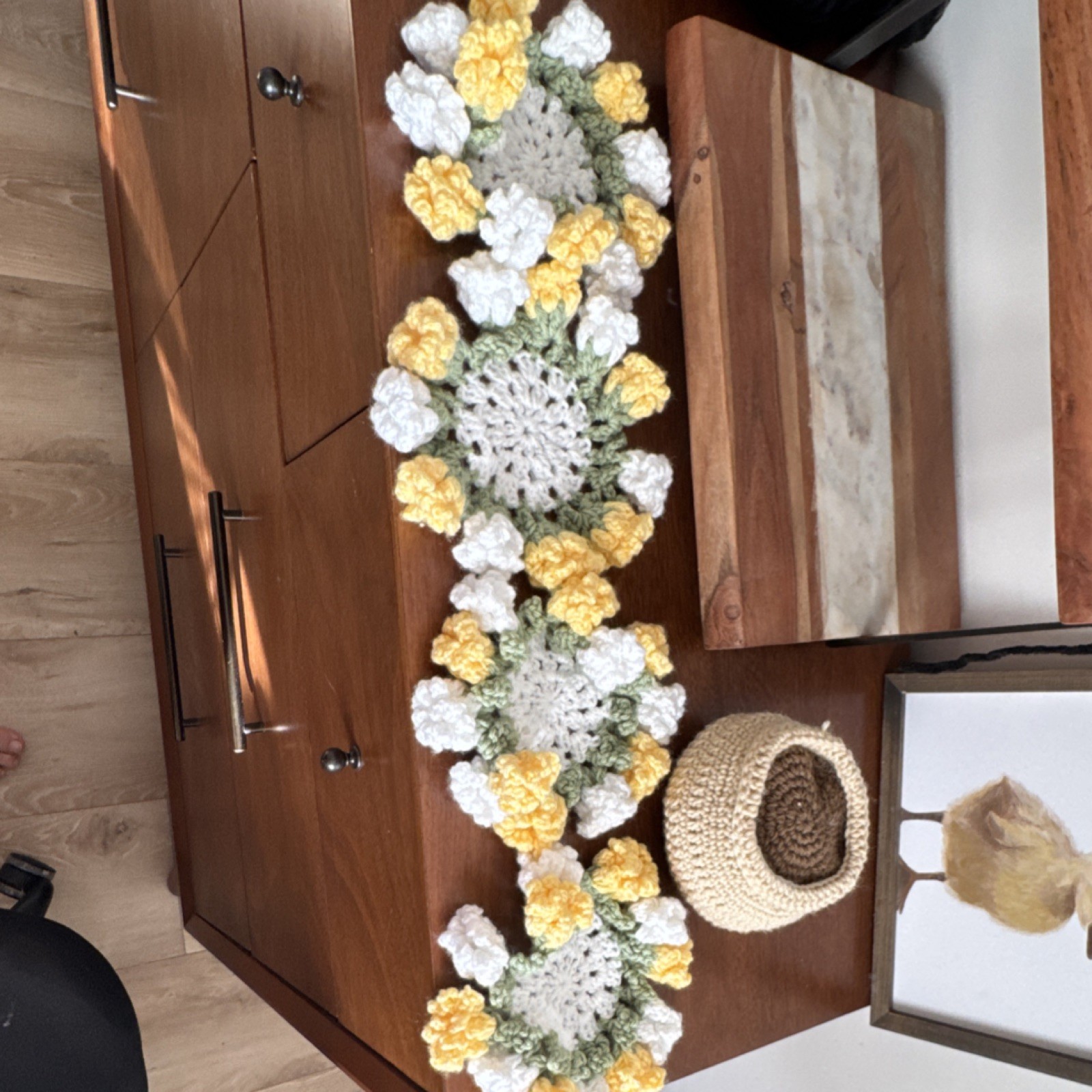 Handmade Crochet Flower Basket Arrangement Yarn Yellow White Green Beige