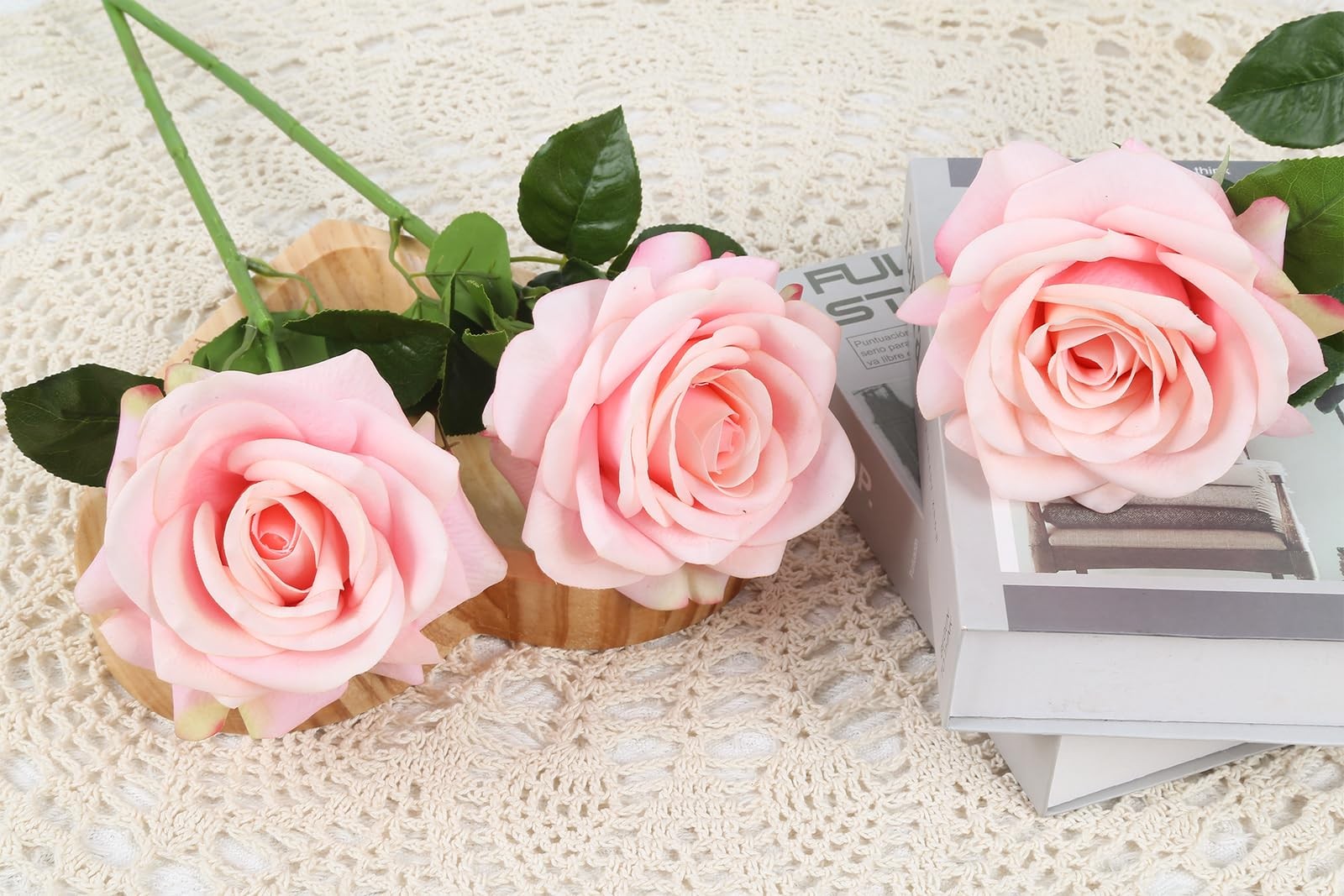 Real Touch Pink Rose Artificial Flowers 3Pcs Latex Faux Roses with Long Stem …