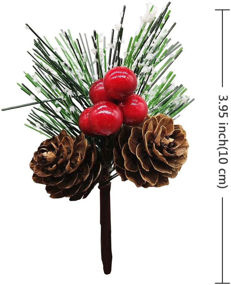 20 PCS Snow Covered Pine Needles Branches with Red Berry Stems Mini Pinecone Pic
