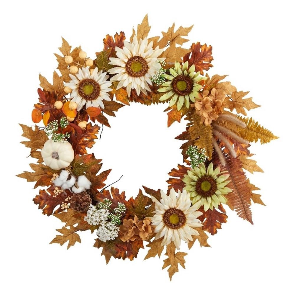 Pemberly Row 30″ Autumn Sunflower/White Pumpkin & Berries Artificial Fall Wreath