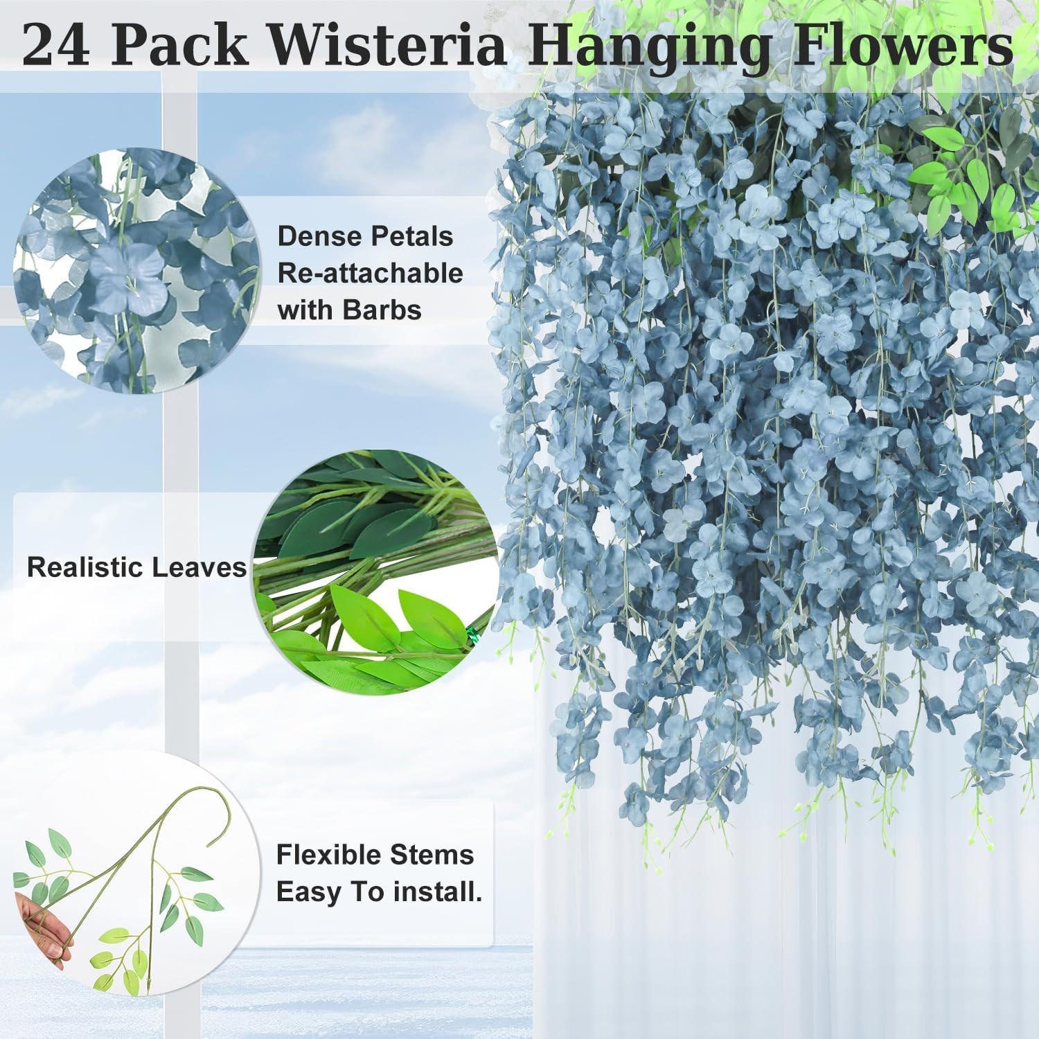 25 Pcs Artificial Wisteria Hanging Flowers 3.6Ft Dusty Blue Fake Hanging Flowers