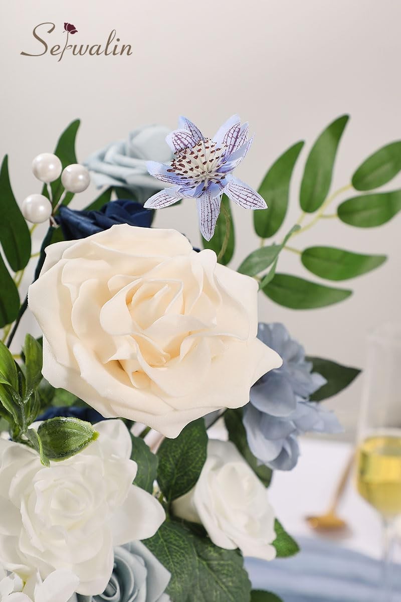 Serwalin Artificial Flowers, Dusty Blue Fake Flowers, Silk Foam Wedding Flowe…
