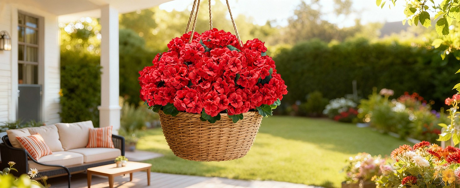 Artificial Geranium Flowers for Outdoors: 6 PCS Realistic UV Resistant Faux Red