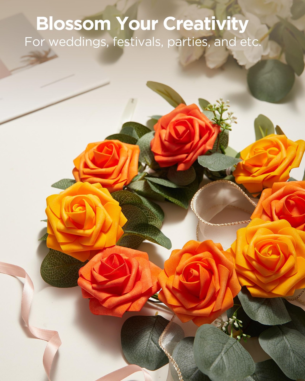 InnoGear Artificial Flowers, 50 Pcs Shades of Orange Foam Fake Roses Bulk with