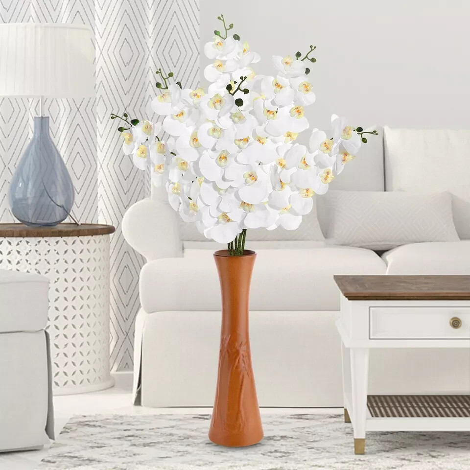 FLOWERY 2 Pcs 38’’ Artificial Real Touch Orchids Flowers 9 Heads Latex White