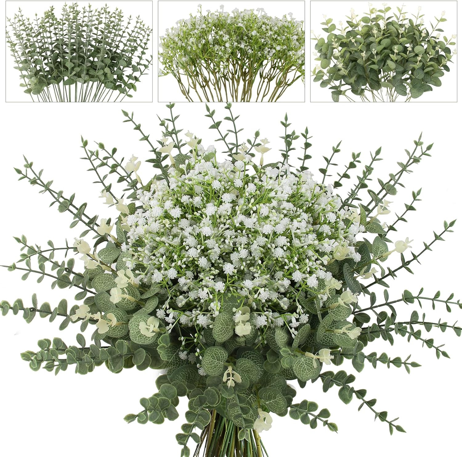 lovemoon Mixed Greenery Artificial Eucalyptus Stems, Baby Breath Artificial Flow
