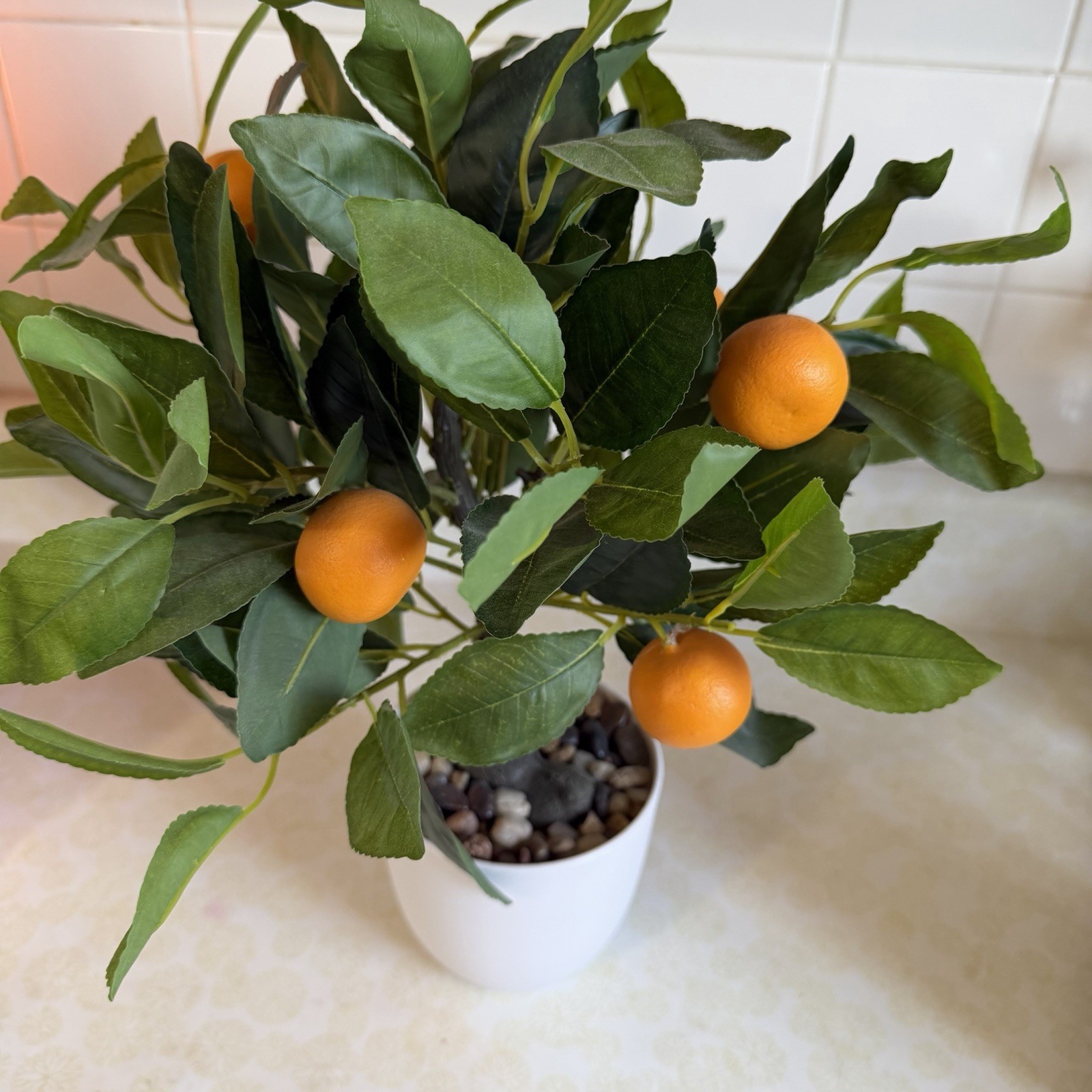 Artificial Orange Tree Topiary in White Pot with Pebbles, Plastic Green/Orange