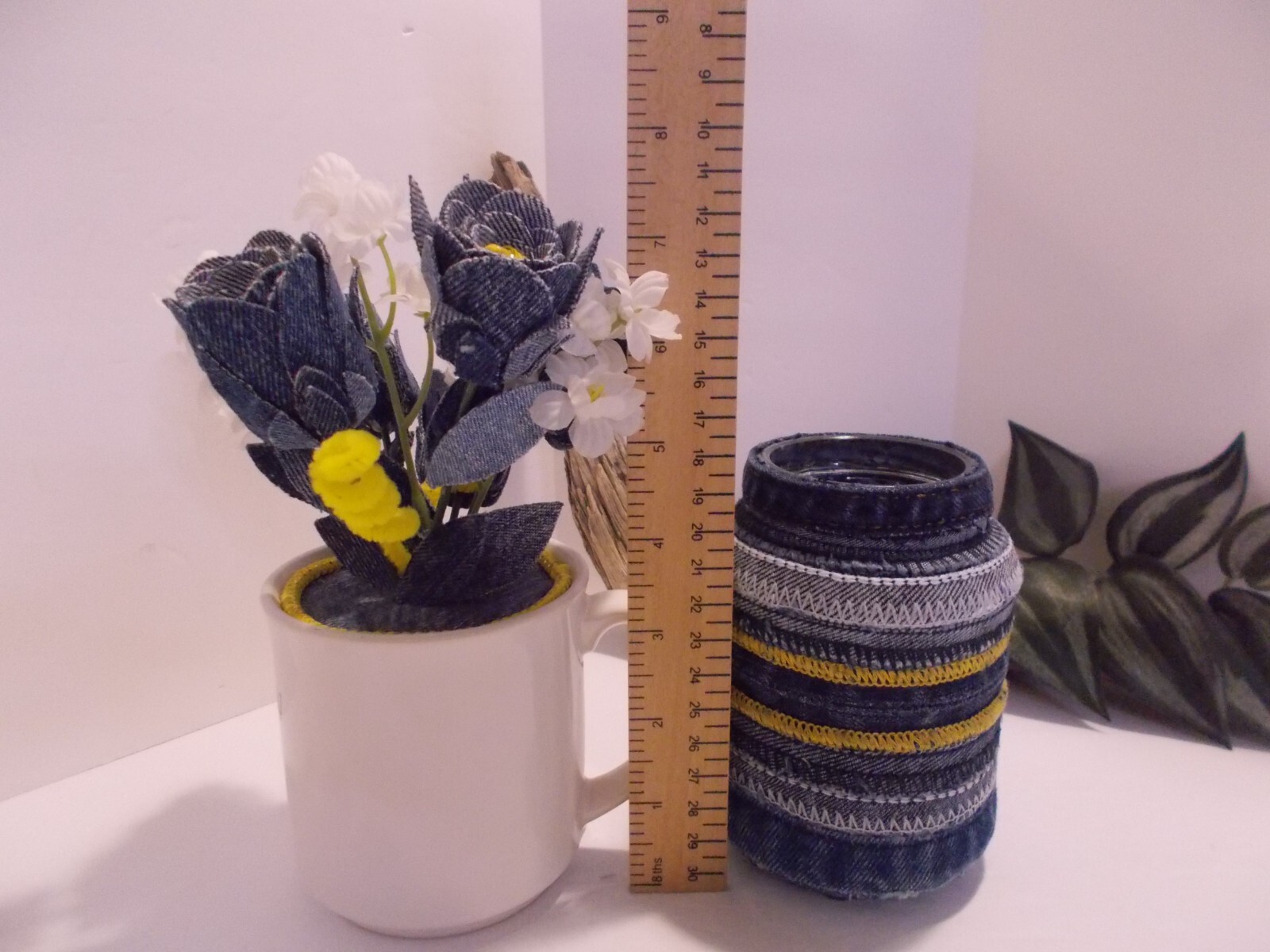 Southpaw Comics Coffee Mug w Handmade Denim Roses and Denim Seams Jar Vase