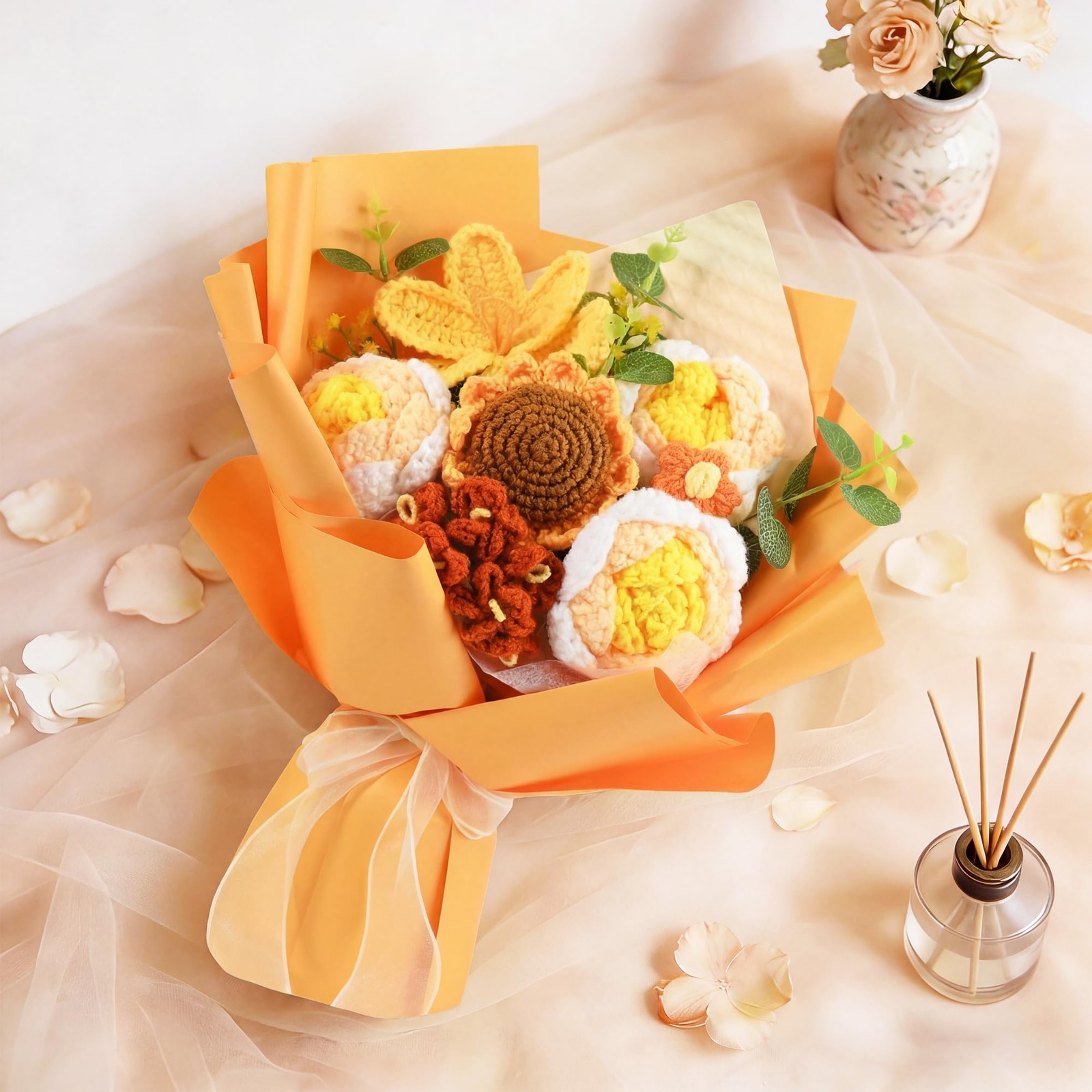 Handmade Crochet Flower Bouquet, Preserved Forever Knitted Yarn Flowers with …