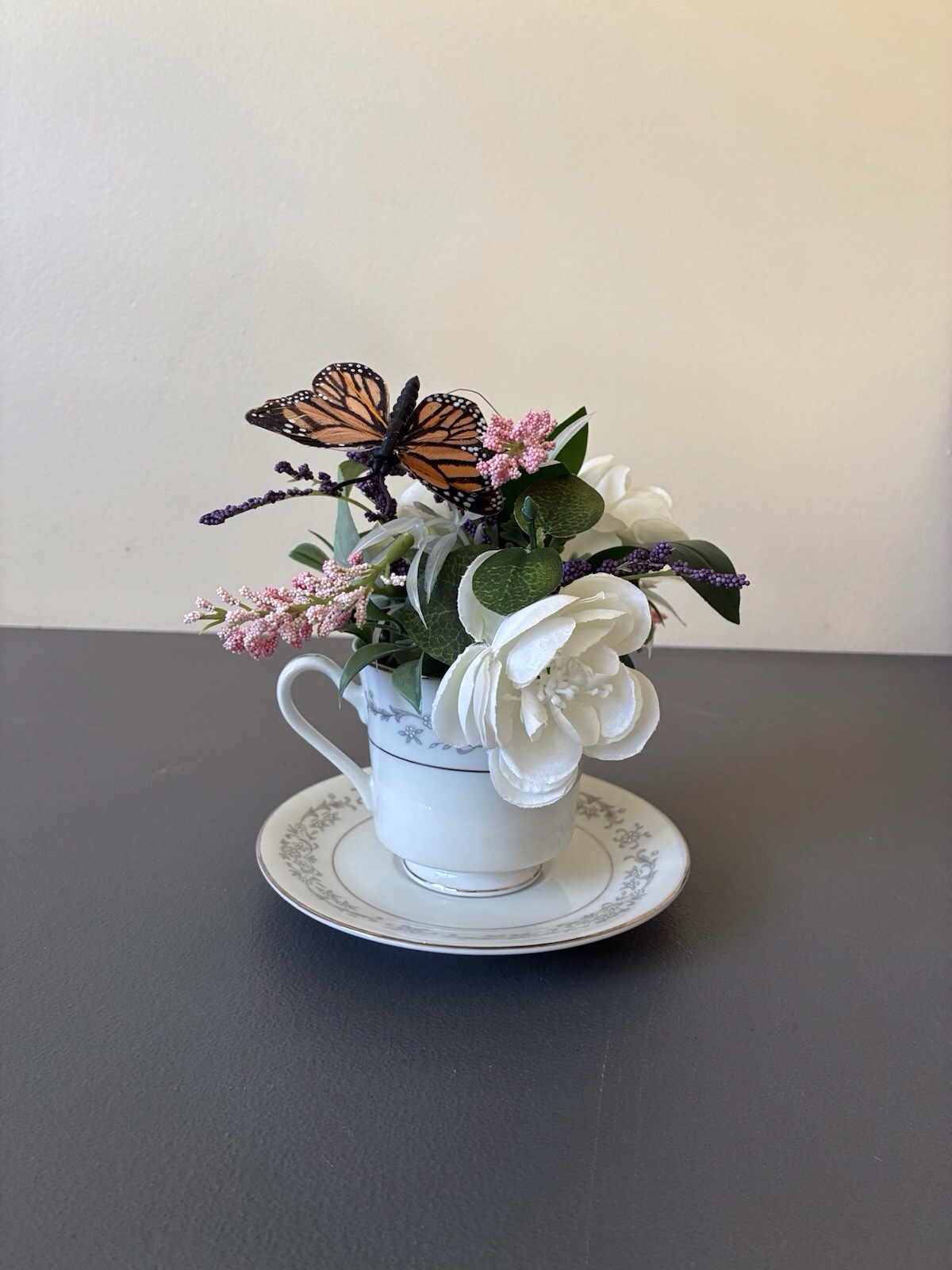 Grandmas Vintage Up Cycled Teacup Saucer Floral Centerpiece Homemade Decor